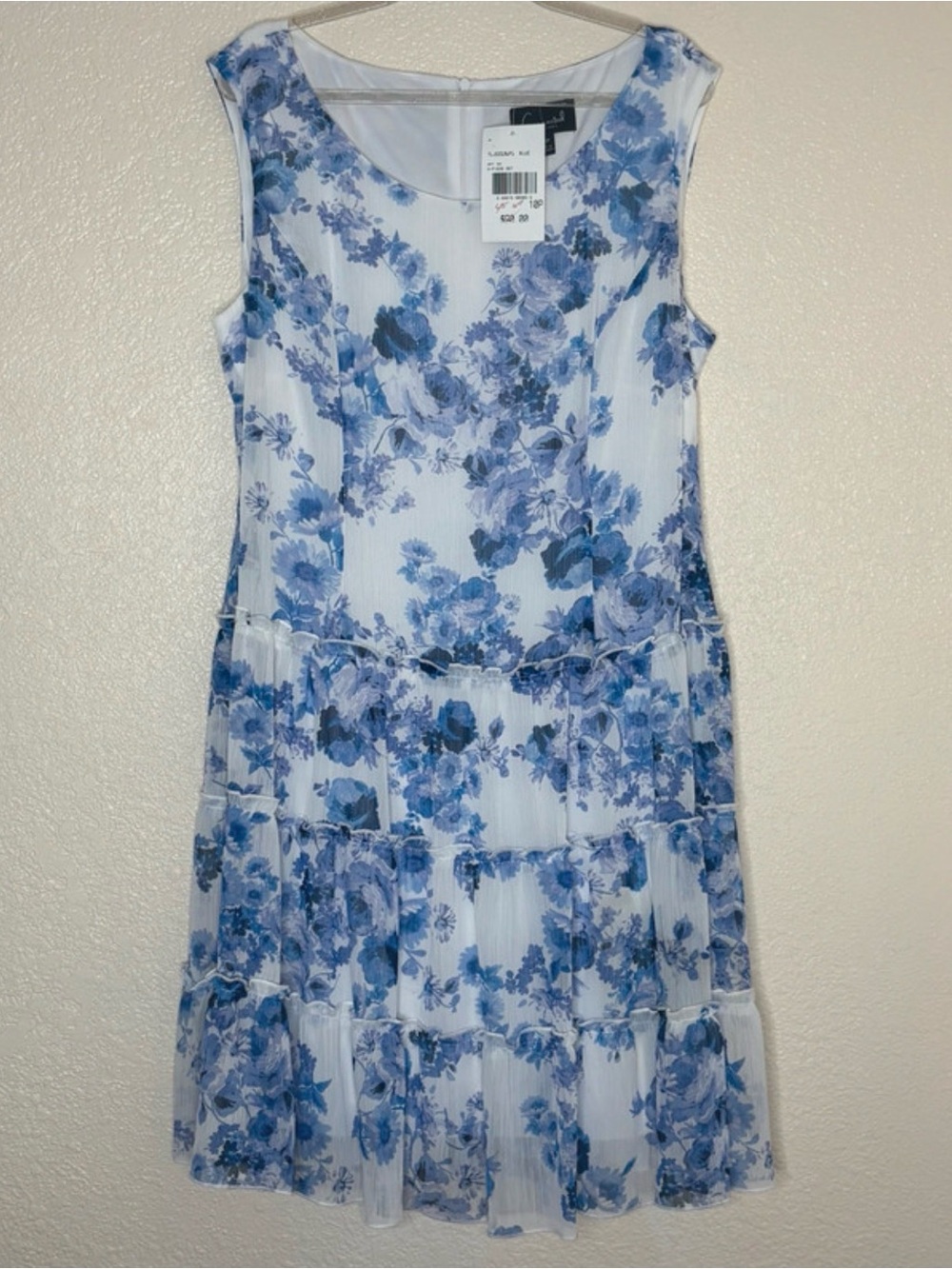Connected Apparel Blue Floral Tiered Dress Sleeveless Chiffon Lined